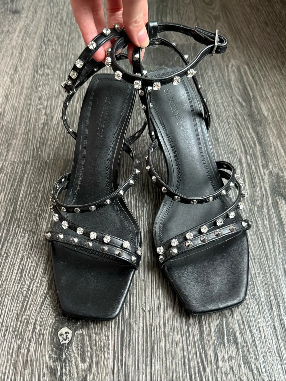 Stradivarius black studded strappy heeled sandals, sz 38 (US 7)